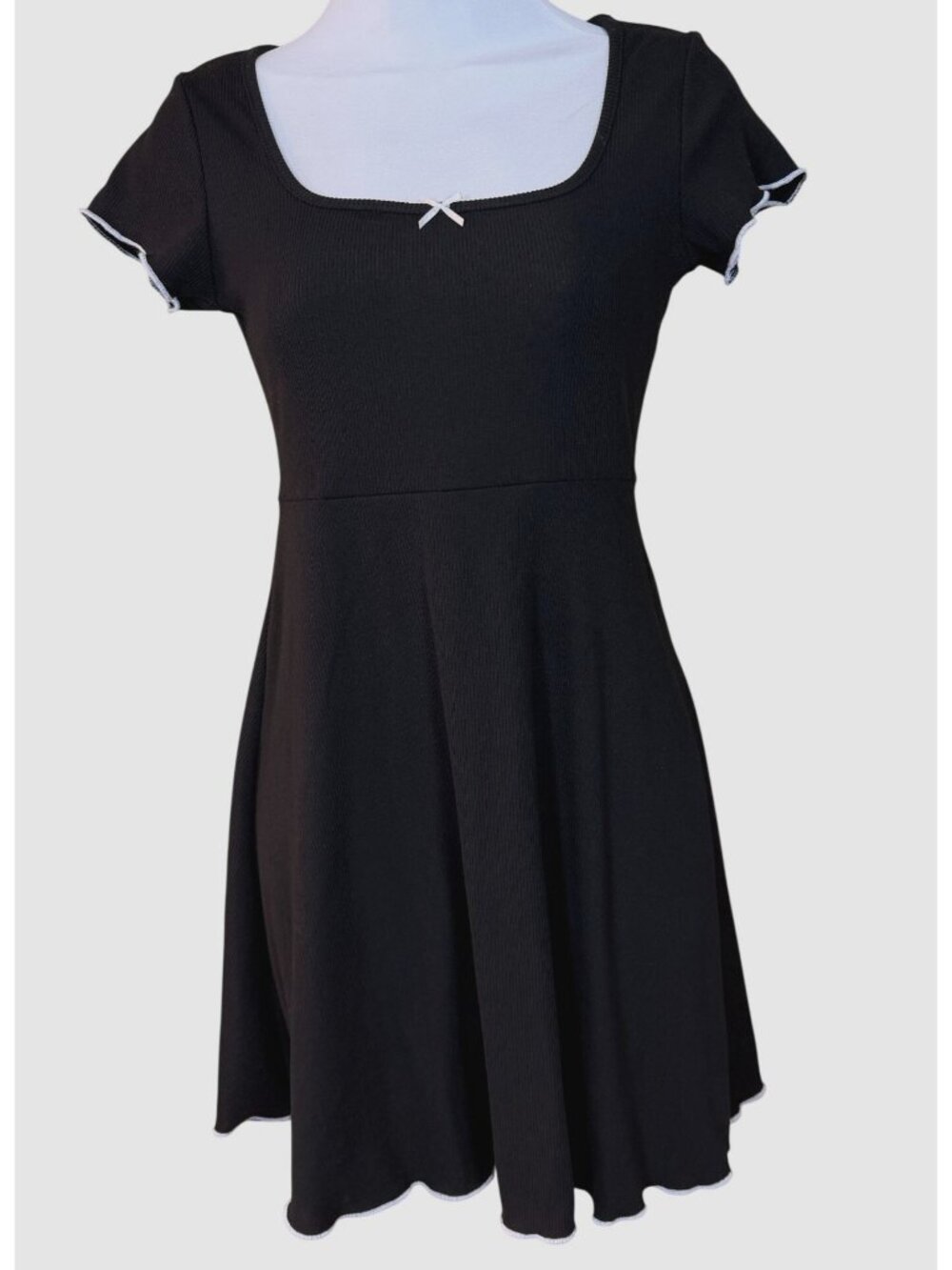 See You Monday Cap Sleeve Black Ribbed Knit Square Neck Fit 'n Flare Dress M NWT